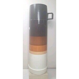 VTG MCM Aladdin Thermos Mug Plastic  Orange Brown Gradient Retro Stripes Seely